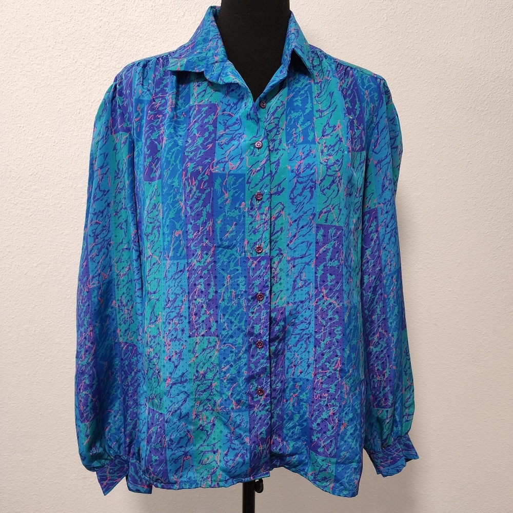Vintage 80s Gailord Blue Polyester Button Front Blouse